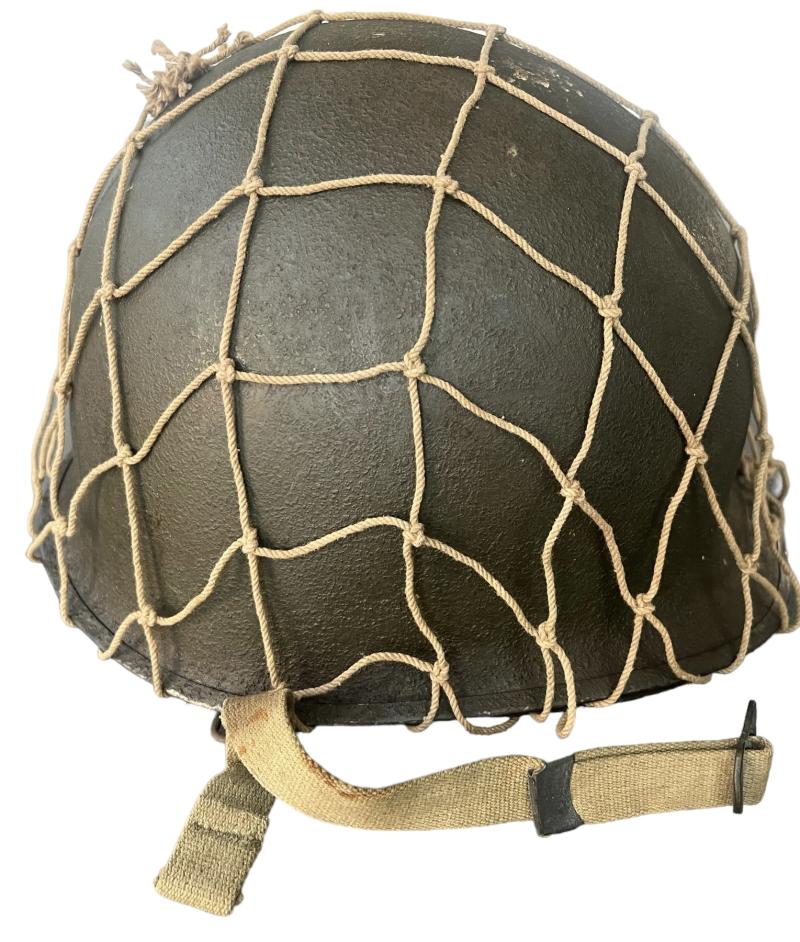 U.S. Airborne M1C Paratrooper Helmet With Westinghouse Liner and Canvas Chincup -Nice Used Condition