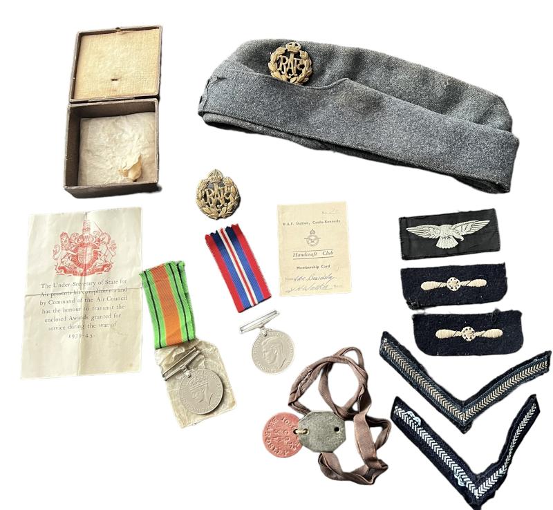 Named Royal Air Force Side Cap, Medal And Dog Tags - Nice Used Condition