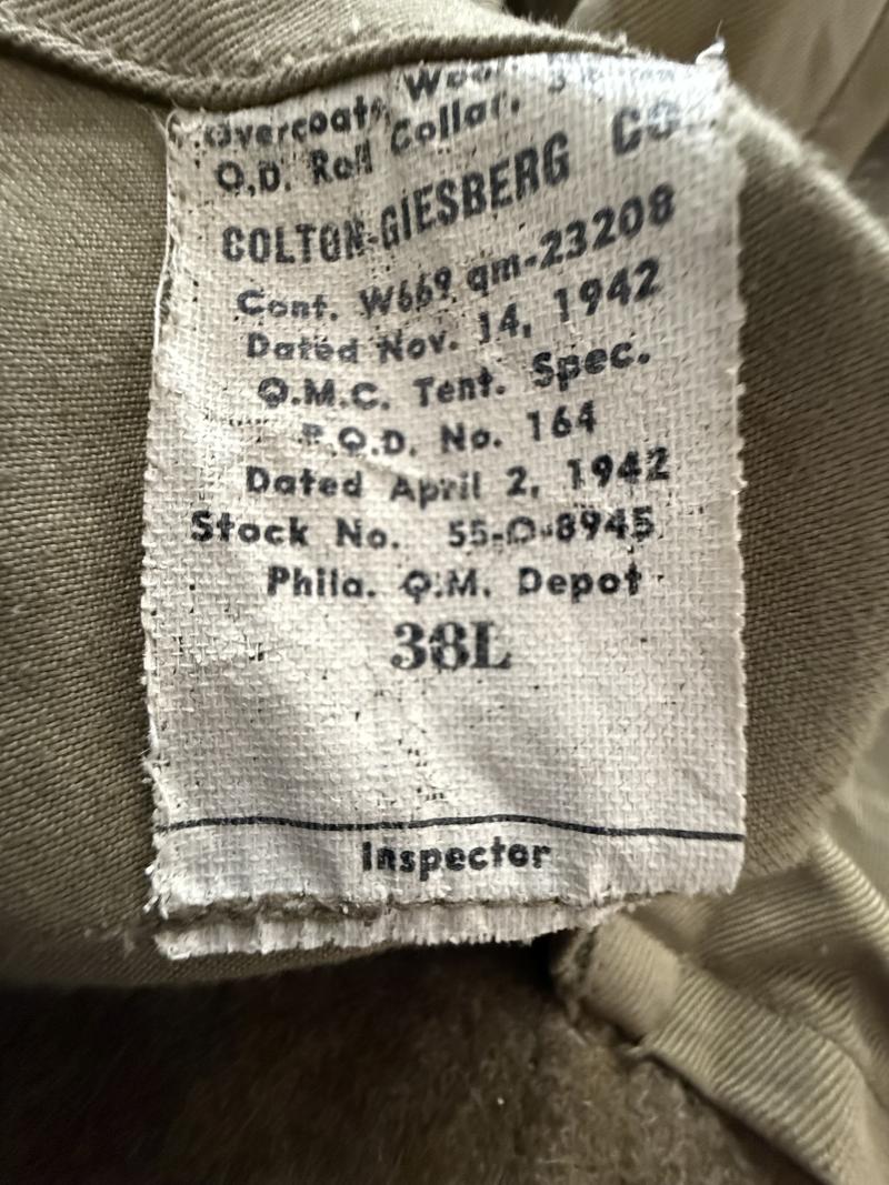 U.S. Wool Overcoat Sized 38L 1942 Dated - Nice Used Condition