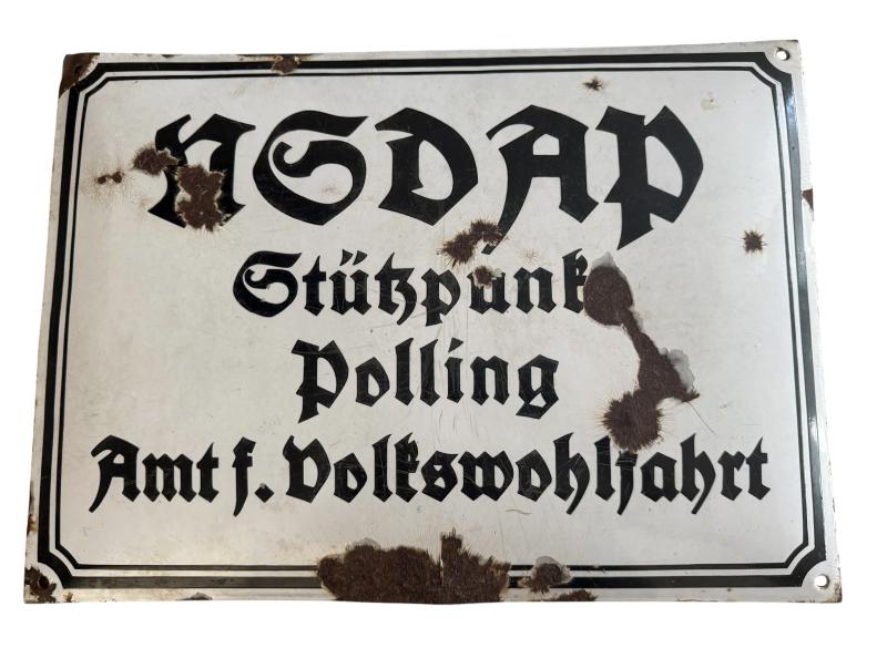 NSDAP 'Stutzpunkt Polling Amt f. Volkswohlfahrt'  Emaille Sign Nice Used Condition